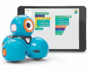 Photo of Dash, a programmable robot. Dash is a light blue robot about eight inches tall, made up of three spheres and one camera eye.