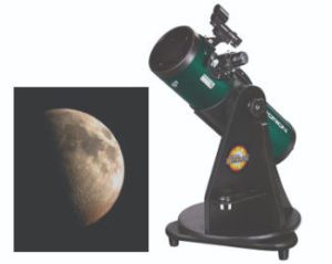 Photo of the moon and a green and black compact reflector telescope