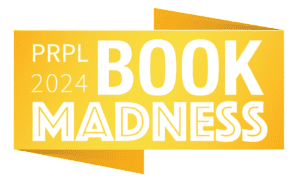 logo for Park Ridge Library's 2024 Book Madness competition on a yellow ribbon background