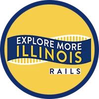 Logo for Explore More Illinois, a yellow circle with a blue banner across the center.