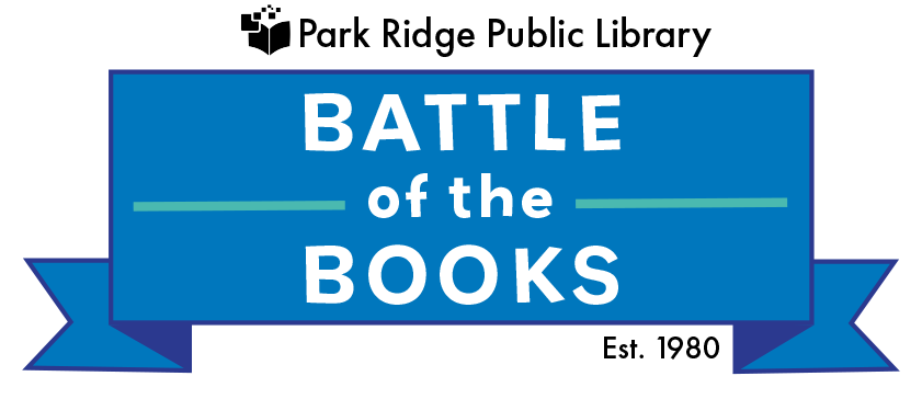 The Battle of the Books logo promoting the reading contest for fourth and fifth graders is a blue ribbon with the words written across like a banner.