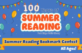 Graphic with blue background and orange summer reading program logo promoting bookmark contest for all ages.