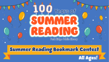Graphic with blue background and orange summer reading program logo promoting bookmark contest for all ages.