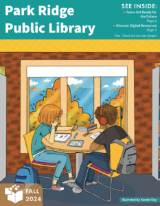 cover of the fall 2024 library newsletter with an illustration of two teens studying at a table 